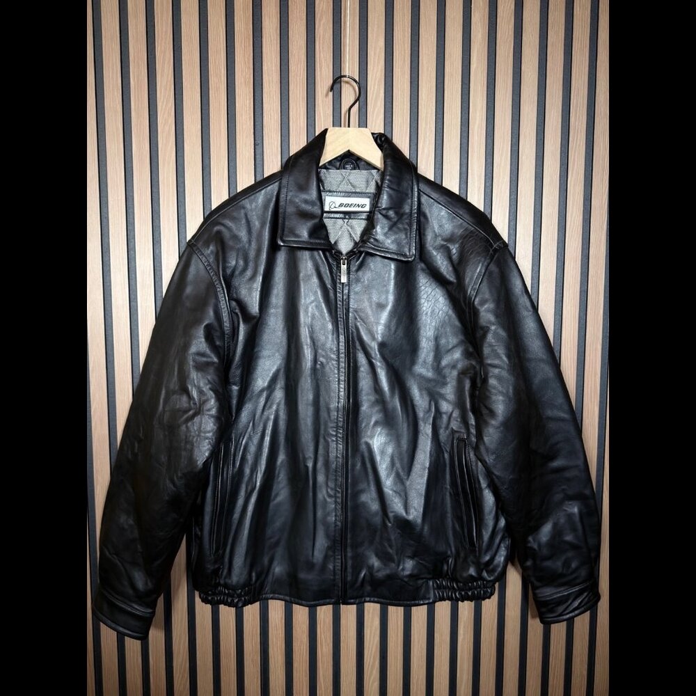 Boeing Flight Jacket XL Mens Black 100% Leather Quilted Lining Zip Up Fighter